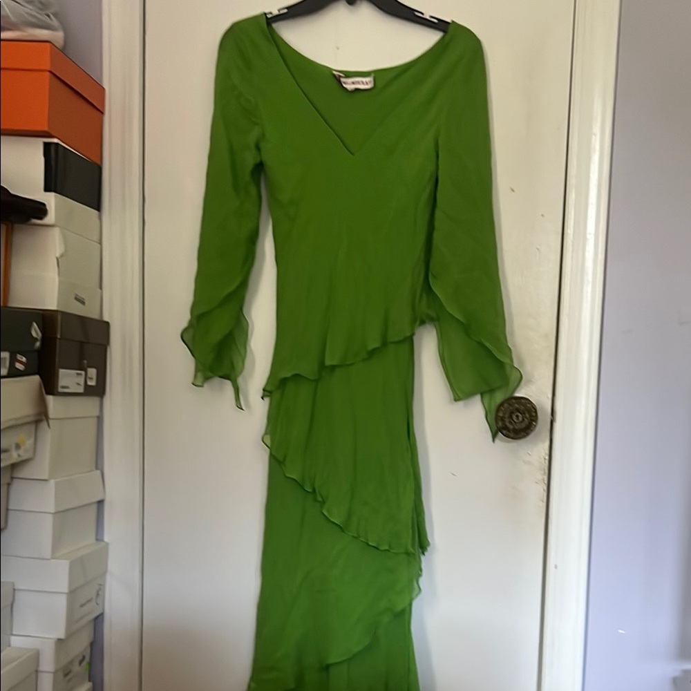 Green %100 silk chiffon Asymmetrical Ruffled Bodycon Dress